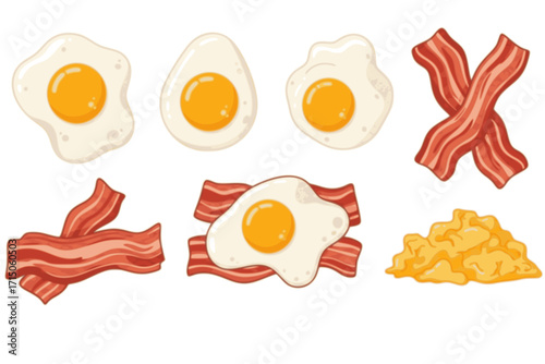 Egg and bacon vector set collection clipart design featuring various styles of fried eggs, bacon strips, and breakfast combos. Perfect for diner menus, kitchen decor, food packaging, and brunch-themed