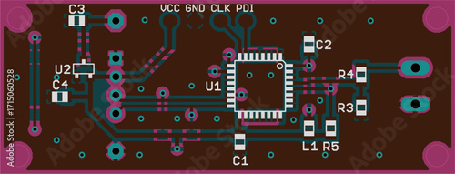 Vector printed circuit board of electronic 
device with components of radio elements, 
conductors and contact pads placed on pcb. 
Engineering technical drawing. Computer technic cad design.