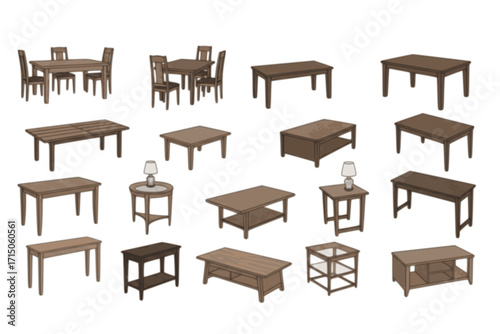Table vector set collection clipart design featuring various table styles including dining, coffee, and office tables. Ideal for interior design, furniture catalogs, home decor, and architectural proj
