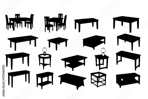 Table vector set collection clipart design featuring various table styles including dining, coffee, and office tables. Ideal for interior design, furniture catalogs, home decor, and architectural proj
