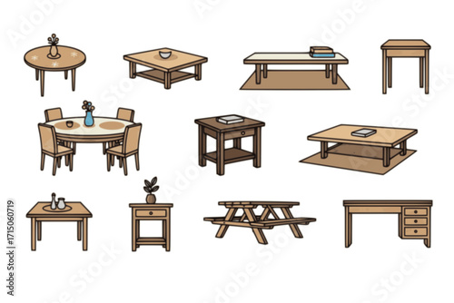 Table vector set collection clipart design featuring various table styles including dining, coffee, and office tables. Ideal for interior design, furniture catalogs, home decor, and architectural proj