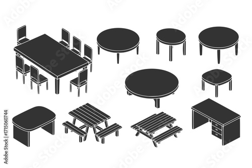 Table vector set collection clipart design featuring various table styles including dining, coffee, and office tables. Ideal for interior design, furniture catalogs, home decor, and architectural proj