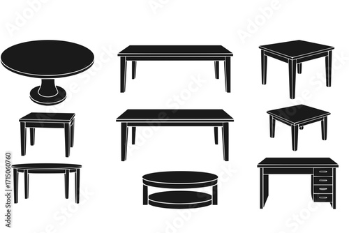 Table vector set collection clipart design featuring various table styles including dining, coffee, and office tables. Ideal for interior design, furniture catalogs, home decor, and architectural proj