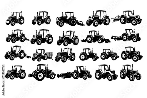 Tractor vector set collection clipart design featuring different tractor styles and farming equipment. Perfect for agriculture themes, farm-related projects, educational materials, and rural lifestyle