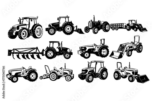 Tractor vector set collection clipart design featuring different tractor styles and farming equipment. Perfect for agriculture themes, farm-related projects, educational materials, and rural lifestyle