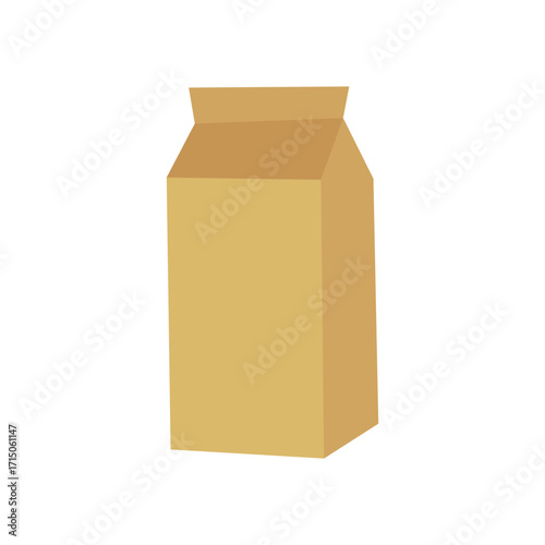 A 3D rendering of an empty, blank brown paper bag and a milk carton package isolated on a white background