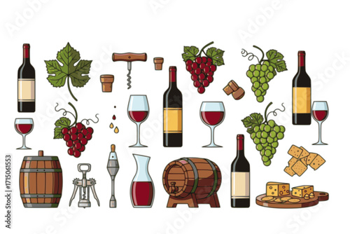 Wine vector set collection clipart design featuring wine bottles, glasses, grapes, corkscrews, and wine barrels. Ideal for restaurant menus, wine labels, event invitations, and beverage-related design