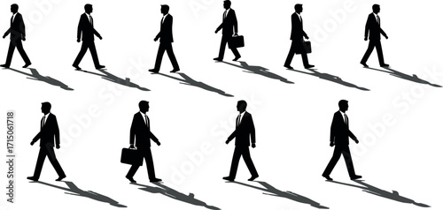 Businessmen walking in silhouette with briefcases and shadows, corporate routine, teamwork, leadership, career path, office commute, professional lifestyle