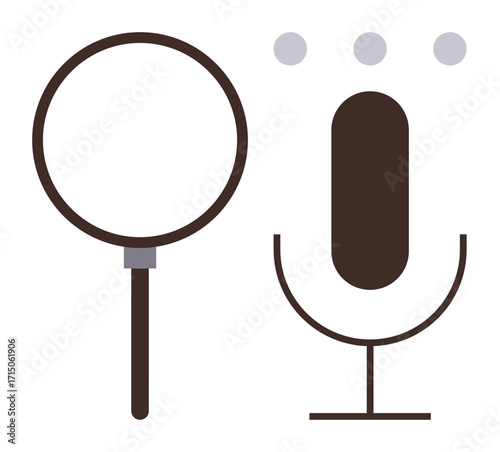Magnifying glass and microphone with dots above, symbolizing information search, voice input, speech analysis. Ideal for tech, communication, AI tools, learning, research innovation simple flat