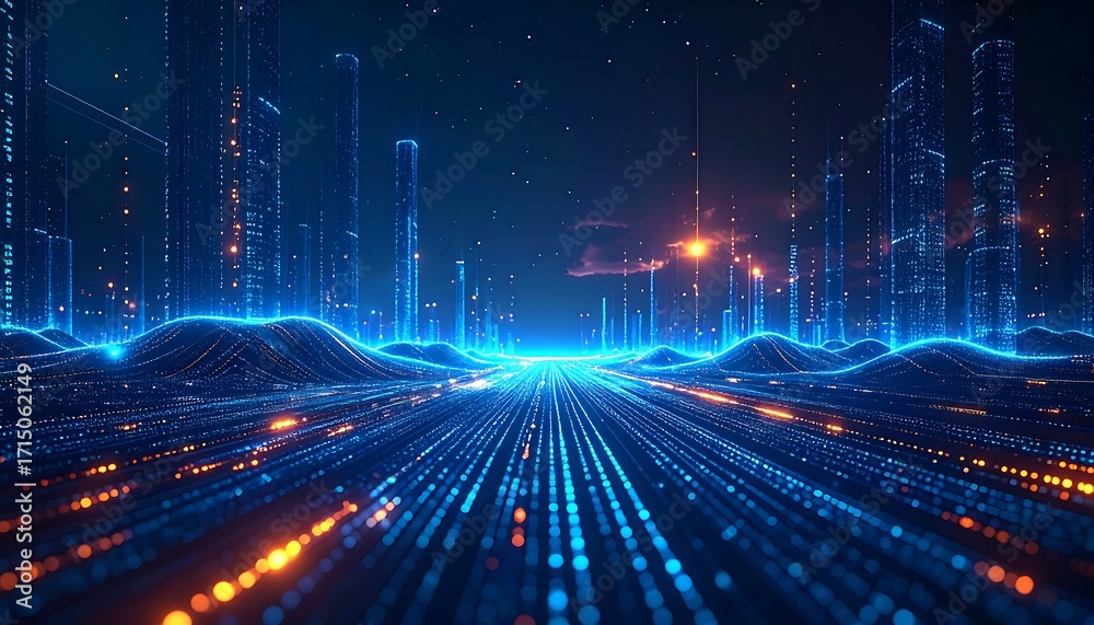 Fototapeta premium A vibrant digital city at night, featuring glowing buildings on the horizon, with lines of data creating a futuristic urban landscape