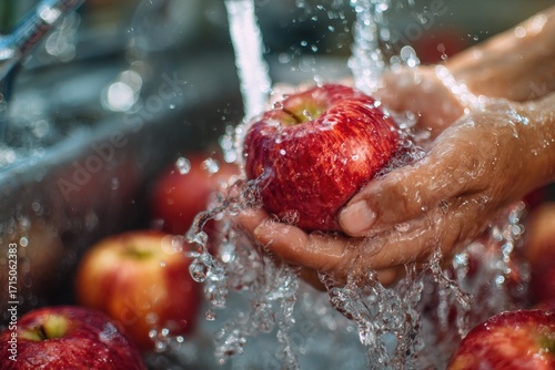 Fresh apples being washed under running water in a kitchen sink on a sunny afternoon