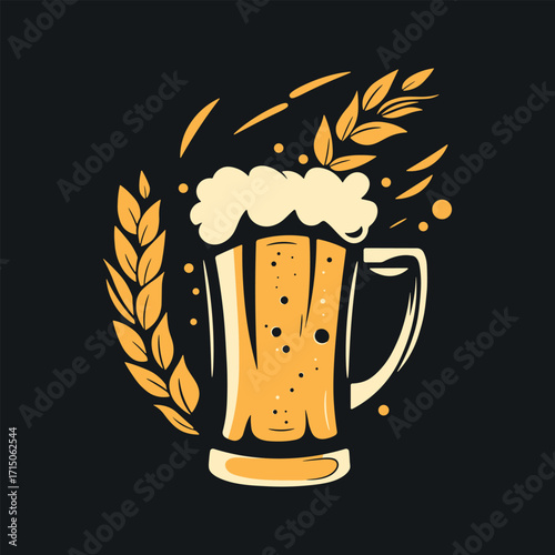 Beer in a glass and ears of wheat, refreshing drink. International Beer Day. Emblem brewery design. Vector illustration isolated from background. Oktoberfest, world largest beer festival in Germany.
