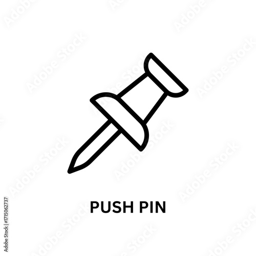 Black line icon shows push pin, a vector illustration for UI/UX design, presentations, and digital projects on a white background.