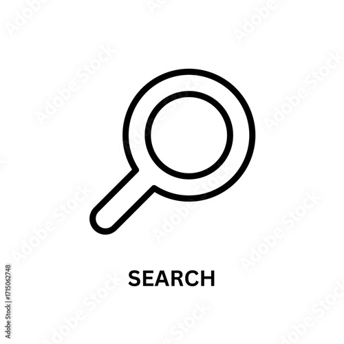 Black line drawing shows a search icon. Minimalist style for social media, UI/UX design, posters, and presentations.