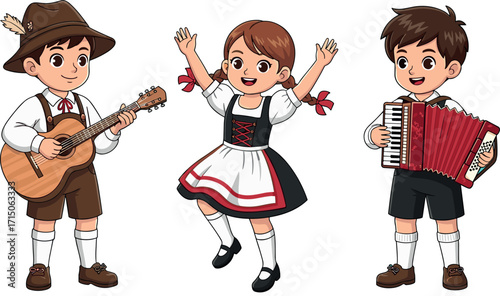 Cartoon children in traditional Bavarian costumes playing folk music with guitar and accordion, dancing at cultural festival celebration scene
