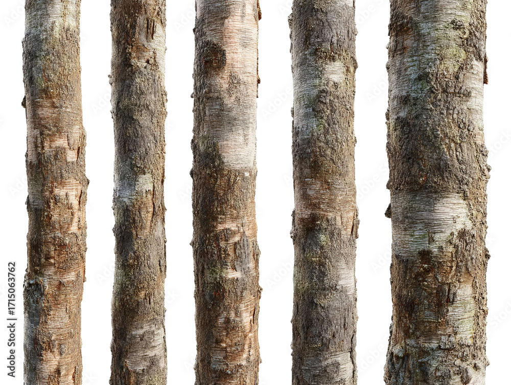 Naklejka premium PNG of Five rustic tree trunks showcasing diverse bark textures and earthy colors against a white background.