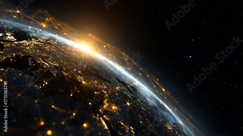 Fototapeta Naklejka Na Ścianę i Meble -  Global network connects glowing cities across planet Earth at night, digital data flow