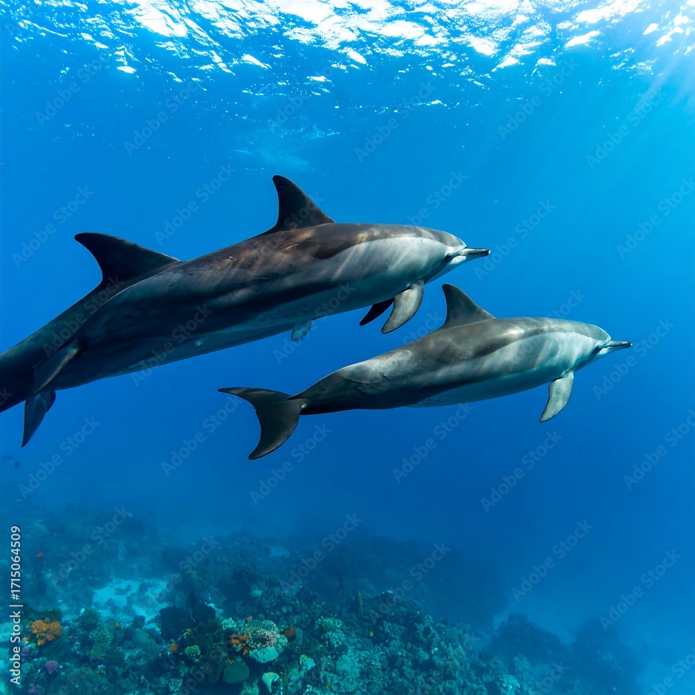 Fototapeta premium Dolphins in a coral reef underwater