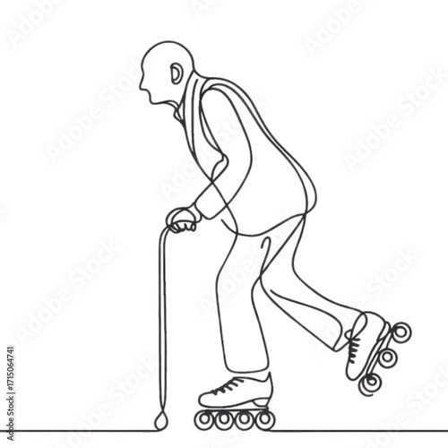 Elderly man roller skating with cane, determined mood, continuous line drawing on white background, copy space
