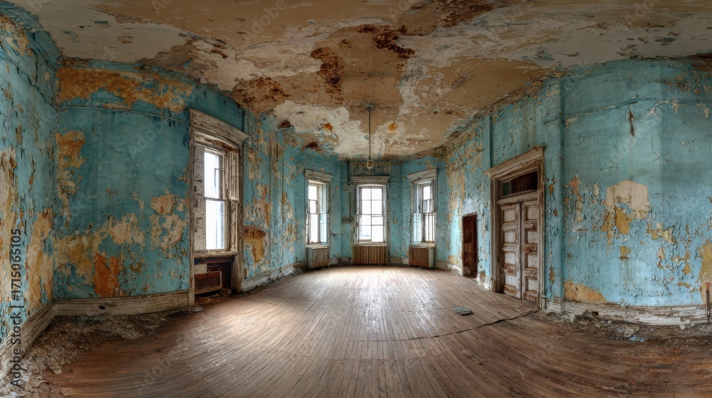 Obraz premium An abandoned room reveals peeling blue paint and weathered wooden floors, illuminated by natural light coming through tall windows. The atmosphere evokes a sense of history and neglect.