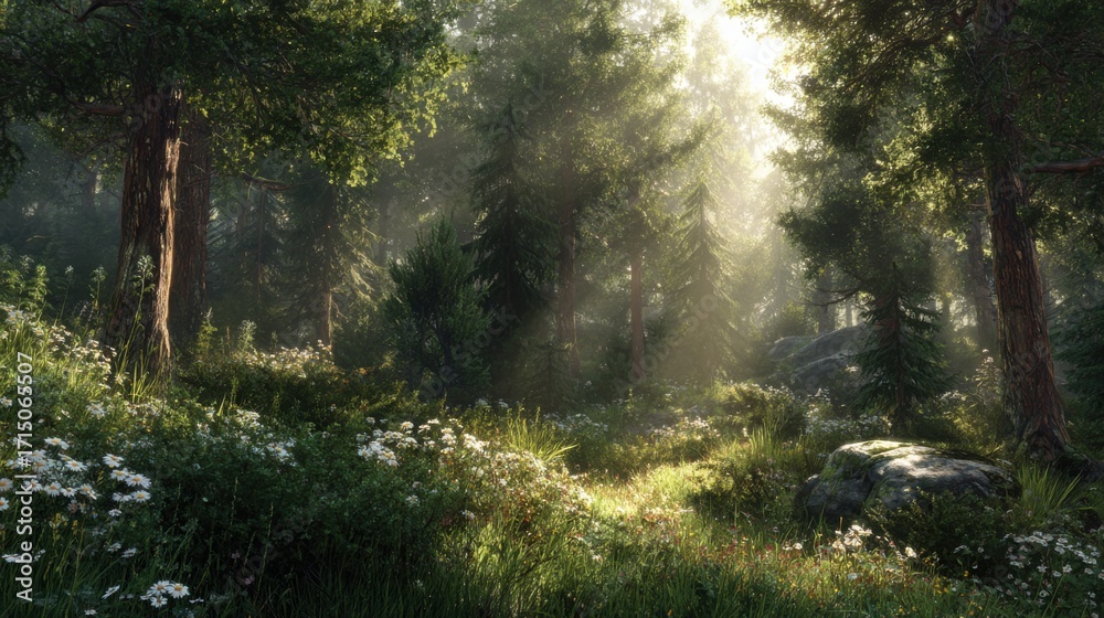 Obraz premium Soft rays of sunlight penetrate through tall trees in a lush forest during early morning. Flowers dot the green landscape, enhancing the tranquil environment.