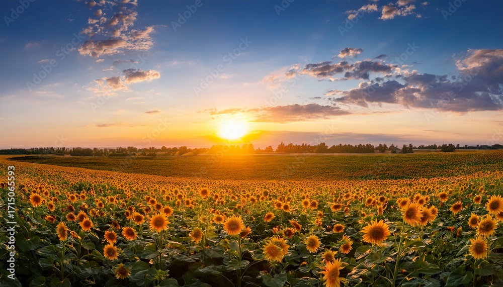 Fototapeta premium Summer Landscape Beauty Sunset Over Sunflowers Field Panoramic Views