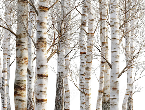 PNG of A serene grove of white birch trees, showcasing their striking bark and delicate branches, perfect for nature enthusiasts.