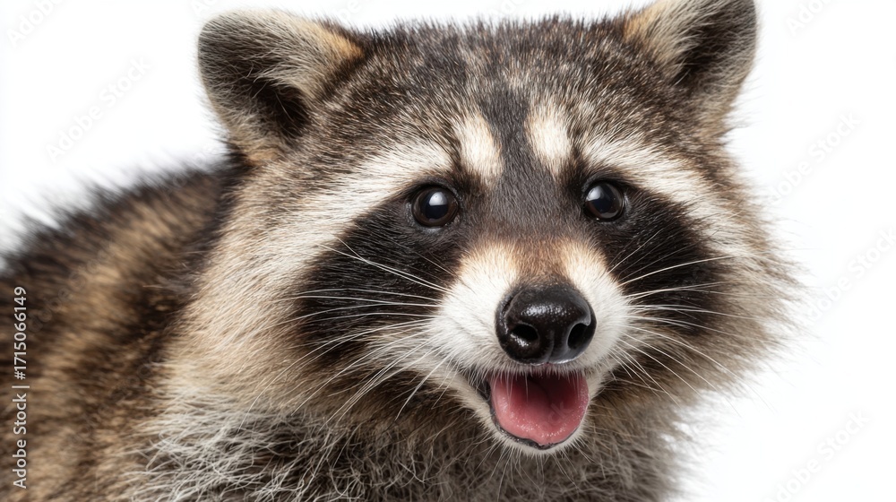 Obraz premium A raccoon is smiling with its mouth slightly open, showcasing a playful demeanor. The animals distinct facial markings make it look charming and lively.