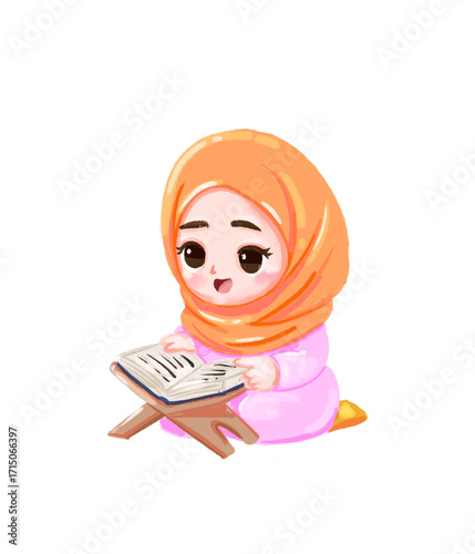 Adorable Girl in Hijab Reading from Wooden Book Stand