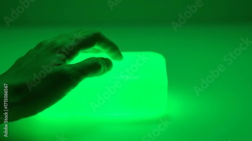 Hand Reaching Out to Touch Illuminated Green Light Panel in Dark Environment