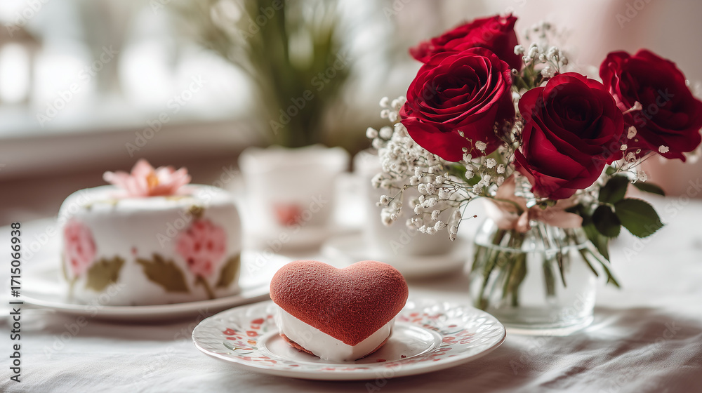 Naklejka premium Ai beautiful table setting with heart-shaped dessert and fresh roses for a special celebration in a cozy cafe