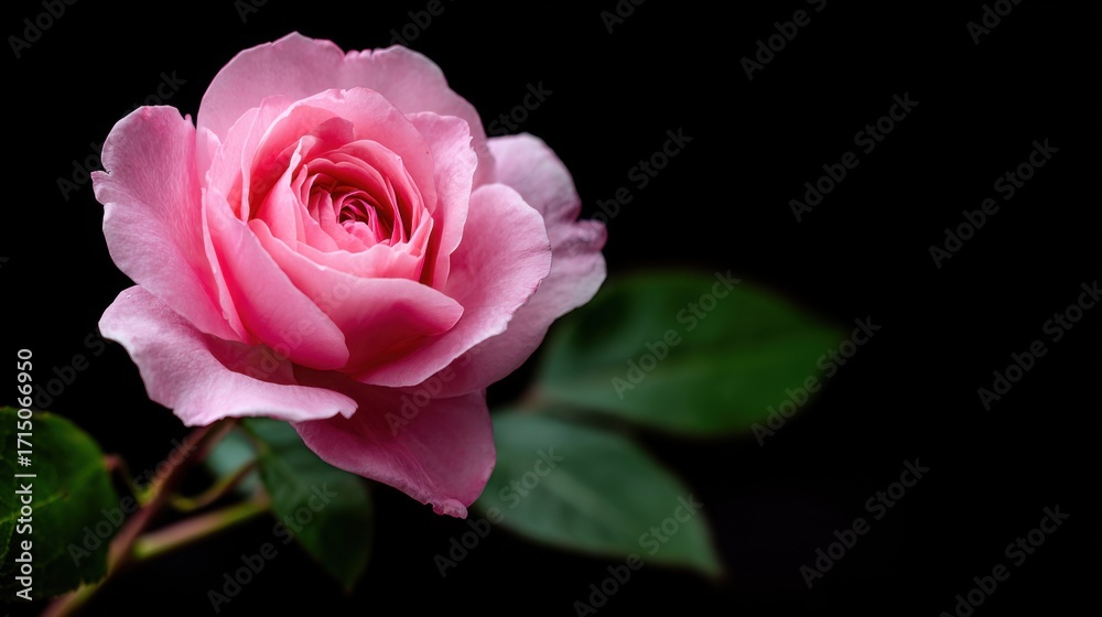 Fototapeta premium A stunning pink rose blooms with perfect symmetry, its soft petals curling gracefully. Lush green leaves surround the flower, creating a contrast against the dark backdrop.