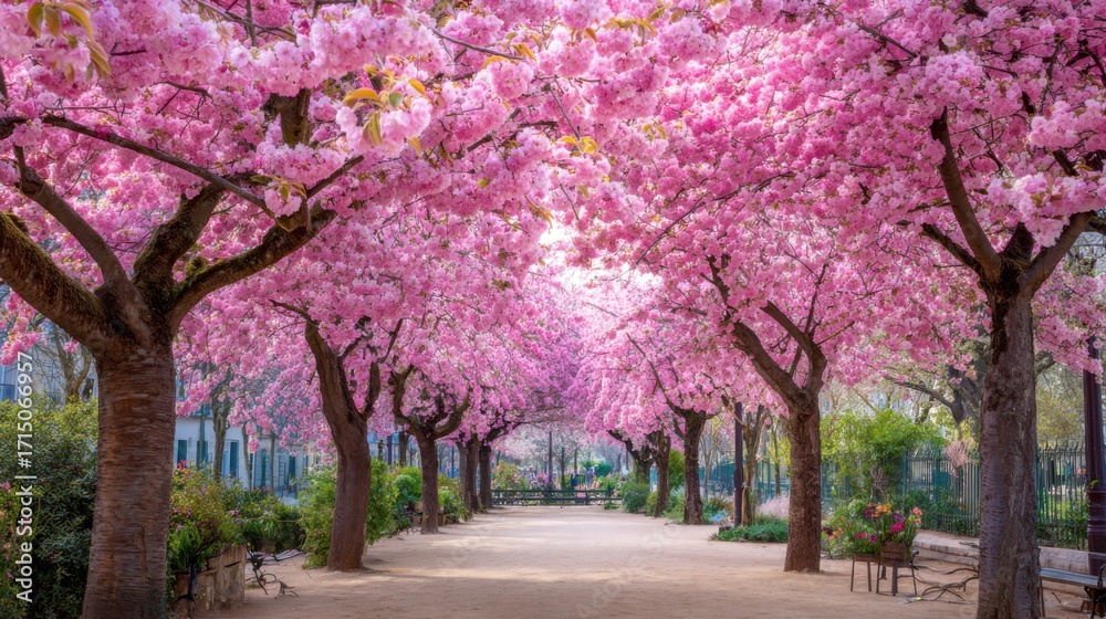 Naklejka premium A picturesque pathway lined with vibrant cherry blossom trees showcases an explosion of pink flowers. People stroll peacefully in a lush park, enjoying the beautiful spring day.