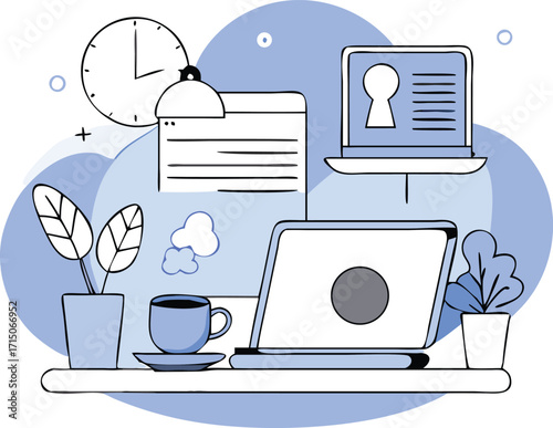 Flat Isometric Coffee Break with Cup and Laptop on Desk Vector Illustration