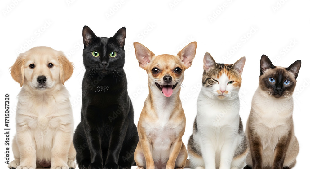 Obraz premium Golden retriever puppy, black cat, chihuahua, calico cat, Siamese cat sitting together against white background, showcasing pet companionship and diversity