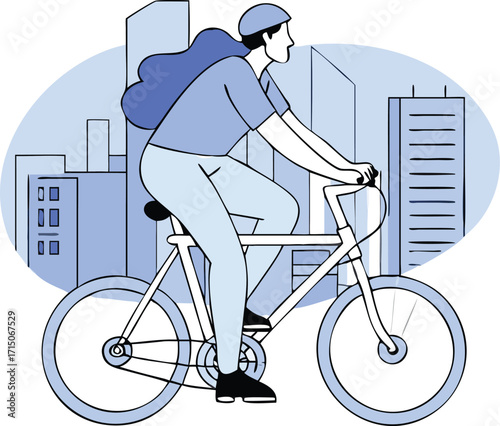 Flat Isometric Person Riding Bicycle in City Vector Illustration