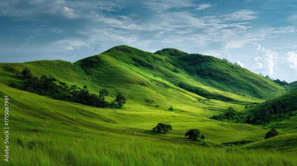 Obraz premium Rolling hills covered in vibrant green grass stretch across the landscape, creating a peaceful atmosphere under a bright blue sky with fluffy clouds.