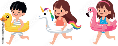 Cartoon kids walking with inflatable swim rings at beach, summer vacation fun, pool party, cute children vector illustration design