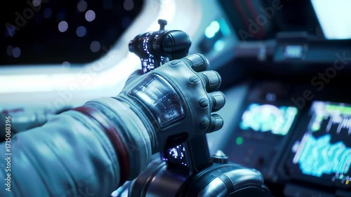 An astronaut's gloved hand commands futuristic spaceship controls in a high-tech cockpit, navigating through outer space on a journey of exploration.