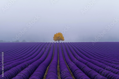 Lone Tree in Lavender Field Fog
