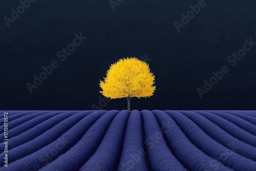 Single yellow tree lavender field