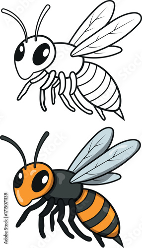 Engaging cartoon wasp illustration for kids' coloring books and educational materials, perfect for nature learning and fun art projects