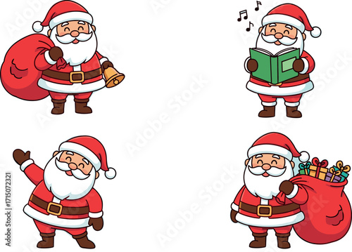 Cartoon Santa Claus Set with Christmas Gifts, Singing, Waving, and Holding Sack – Festive Holiday Character Illustration for Seasonal Design