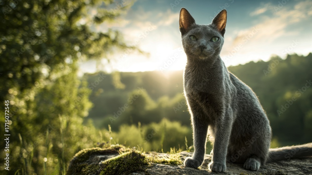 Naklejka premium A gray cat poses majestically on a moss-covered rock amidst a lush green landscape, illuminated by the warm glow of a setting sun. The serene environment enhances the cats elegance.