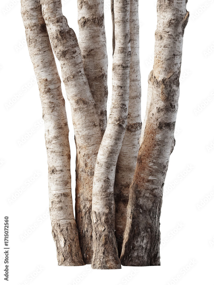 Naklejka premium PNG of Close-up of slender birch tree trunks with a textured bark, showcasing natural beauty and organic forms.