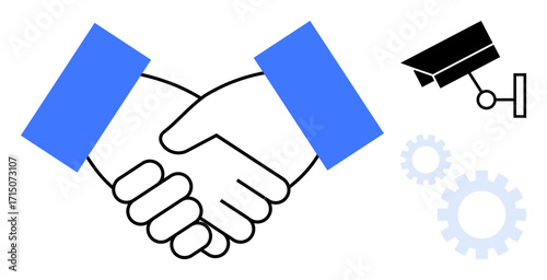 Close-up handshake with security camera and gears depicting teamwork, partnership, technology, and security. Ideal for trust, agreements, privacy, monitoring, collaboration and process improvement