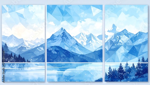 Three panels of a polygonal winter landscape