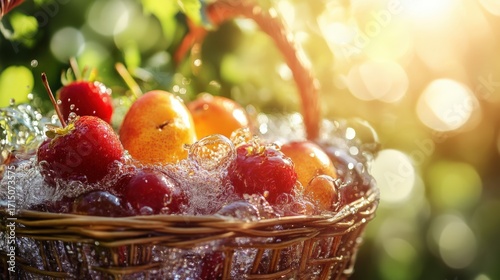 Colorful fruits in a wicker basket with water splashes.