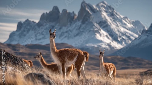 Group of guanacos standing tall in a grassy field with snowy mountains backdrop