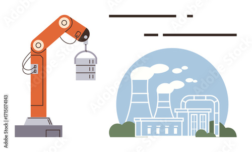 Automated robotic arm lifting weight alongside a manufacturing plant with cooling towers emitting steam. Ideal for industry, automation, robotics, technology, factories, innovation, efficiency